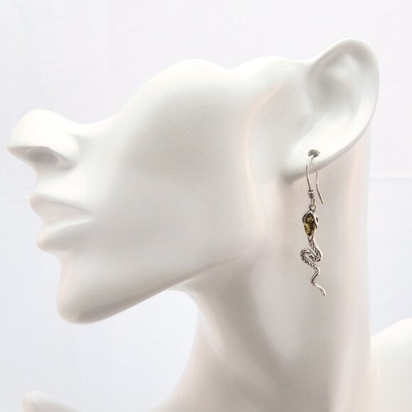 Natural Baltic Green Amber Dangle Snake Earrings in 925 Sterling Silver - Picture 4 of 4
